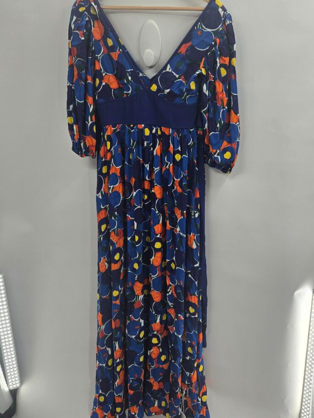 STAUD Blue Floral Geometric Affogato Deep V-Neck Puff Sleeved Maxi Dress Size 0